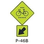 La siguiente señal (P-46b) , indica: 
a) Que los ciclistas deben detenerse en ese punto. 
b) Que nos aproximamos a un cruce de ciclovía. 
c) Que la ciclovía es solo para los ciclistas. 
d) La ubicación de un cruce de ciclistas.