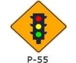 La siguiente señal (P-55), indica: 
a) Semáforo malogrado. 
b) Proximidad a un semáforo.  
c) Semáforos en ola verde. 
d) Ninguna de las alternativas es correcta.