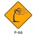 La siguiente señal (P-66), le indica: 
a) Que se aproxima un desierto. 
b) Que se aproxima una zona donde hay ráfagas de viento lateral.  
c) Que se acerca a una zona de arenamiento en la vía. 
d) Ninguna de las alternativas es correcta.