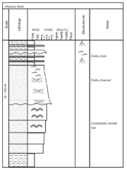 El ambiente de delta en una columna comienza con una litología más fina para el área del prodelta con un espesor más pequeño que la secuencia que le sigue. Sobre esta secuencia fina se encuentra una de sedimentos más grueso que tienen gradac...