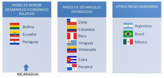 13 miembros (11 fundadores y Cuba y Panamá)
(En proceso de adhesión: Nicaragua)

ALADI presenta esta diferenciación porque cualquier iniciativa que se lleve delante tiene que considerar los diferentes niveles de desarrollo y actuar en consecuen...