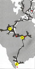 1.- Provincia Magmática del Atlántico Central (CAMP)
2.- Provincia Magmática del Karoo
3.- Provincia Magmática de Paraná-Etendela.