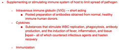 Supplementing or stimulating immune system of host to limit spread of pathogenIntravenous immune globulin (IVIG)
Cytokines
Immunization