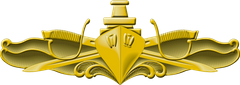 A gold embroidered or gold metal pin, with the bow and superstructure of a modern naval warship superimposed on two crossed swords, on a background of ocean swells.