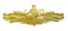 A gold embroidered or gold metal pin with a supply corps oak leaf centered on the bow and superstructure of a modern naval warship superimposed on two crossed naval swords, on a background of ocean swells.