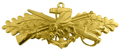 A gold embroidered or gold metal pin with a bee on crossed sword and gun superimposed on an anchor on a background of leaves.