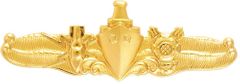 A gold embroidered or gold metal pin, with the bow and superstructure of a modern naval warship on a background of ocean swells with an ordnance disposal bomb over crossed lightning rays on one side, and a diving helmet over two tridents on the ot...