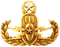 A gold embroidered or gold metal pin featuring: A wreath to commemorate EOD personnel who have been killed in the line of duty. A bomb, which represents EOD personnel's goal of making sure bombs do not go off. Lightning bolts, which symbolize bomb...