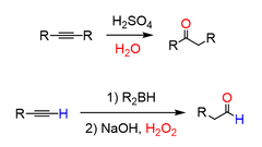 Reagents:
H2SO4 + H2O
(internal alkyne —> ketone)
Regiochemistry:
Markovnikov
Stereochemistry:
n/a
Extra notes:
- ketone product
- asymmetric internal alkynes —> 2 products