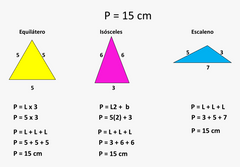 triángulos
isósceles
es el que tiene dos lados congruentes y uno diferente
perímetro =2a+b
Equilatero
todos sus lados son iguales
perímetro=a+a+a=3a
escaleno
todos sus lados son desiguales
perímetro =a+b+c

EL área es para todos 
AREA=b*h/2
