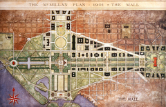 Comprehensive plan of
Washington DC’s Monumental Core & Park System.  
Has National Mall; Lincoln Memorial (bottom); Washington Monument
(center); & US Capitol (top).      