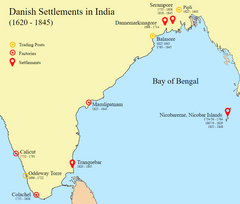 Tharangambadi [

Tranquebar] in present-day Tamil Nadu

Serampore in present-day West Bengal, and 

the Nicobar Islands