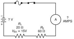 What is the current in the circuit if the voltage across resistor R1 is 15 volts? (Round the FINAL answer to two decimal places.)