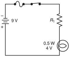 In the circuit, the lamp is rated at 4 volts and 0.5 watts. What size resistor must R1 be in order to supply the correct current to this lamp?

