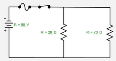 Find the total current in the circuit by calculating the individual 
branch currents, and then using the sum rule for total parallel circuit 
current to determine the total current.