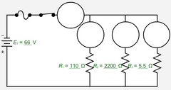 Find the total current in the circuit by calculating the individual 
branch currents, and then using the sum rule for total parallel circuit 
current to determine the total current.

IT =   __  A