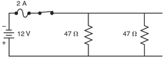 In this circuit, two - 47-ohm load 
resistors are connected in parallel with a 12-volt supply. What is the 
total number of 47-ohm resistors (including the first two) that can be 
connected without blowing the 2-amp fuse?