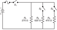 What is the total resistance of the circuit with S1 closed, and both S2 and S3 open?