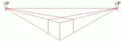 A drawing in which no planes are parallel to the picture plane, but all recede to one of two points on the bottom.