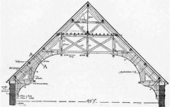 Many gothic halls are roofed in wood with a series of great trusses (example shown below), making it possible to span a greater width than would be possible with a simpler triangular truss.