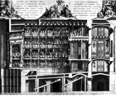 The etching at right depicts a court theater that
would serve as a miniature prototype for grander opera houses such as the La Scala in Milan. Name the designer and the palace in which it is located.