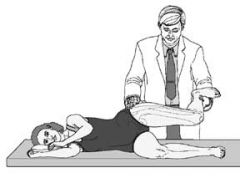 tests for tight tensor fascia lata and iliotibial band

pt lateral recumbent 
you behind pt
flex knee on side to be tested to 90 degrees
abduct hip as far as possible
slightly extend the hip
stabalize pelvis with other hand
allow thigh to ...
