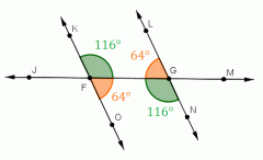(The angles that are 64 degrees are INTERIOR to lines KO and LN)