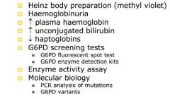 Heinz body preparation (methyl violet)
inc. plasma haemoglobin
inc. unconjugated bilirubin
dec. haptoglobin
G6PD spot test
G6PD enzyme detection
PCR mutation and variants