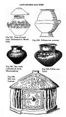 Villanovan urns in which cremated ashes were stored. Made using a slow-turning potter's wheel and stored in large stone containers.