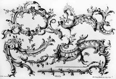A rococo design ornament in the form of irregular wavy and rocky surfaces resembling seafoams and shell embedded rocks