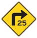 This warning sign means?

- Speed limit 25 mph, sharp right curve ahead
- Low speed sharp right curve ahead, special limit of 25 mph for trucks
- Low speed sharp right curve ahead, advisory to reduce speed to 25 mph in ideal conditions
