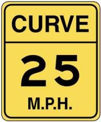 This curve advisory speed sign means?

- Curve ahead, speed limit is 25 mph
- Curve ahead, special speed limit of 25 mph for trucks
- Slow down, maximum advised speed is 25 mph in ideal conditions