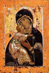 Vladimir Virgin (or Theotokos), c1125, Russia, Paint and gold on wood, Byzantine icon. Moscow