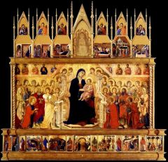 Duccio di Buoininsegna, Maesta (mary in Majesty) 1308-1311, tempera and gold on wooden panels, Siena, altarpiece.