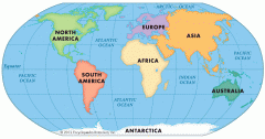 Land masses of similar characteristics,  NA, SA, Europe, Asia, Antarctica, and Africa.