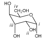 22. Which carbon in the following carbohydrate is the anomeric carbon?
a. i
b. ii
c. iii
d. iv
