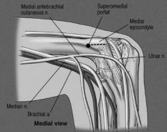 A posterior medial portal is not often used as it would lie very close to, or directly over the ulnar nerve.