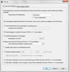 •Set the WatchGuard
AP Passphrase. 
You set this when you first enable the

Gateway Wireless Controller. 
If you change it, the Gateway
Wireless
Controller updates all the AP devices 
to use this passphrase. 

•Management VLAN tagging...