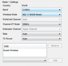 For each radio, configure the Wireless
Mode and
other settings. 







For each radio, select the configured
SSIDs to use (up to 8 per radio). 

•If you have already

configured SSIDs, select 
an SSID, click Add. 

•You can le...