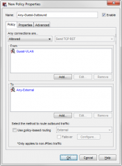 Because the VLAN for wireless guest users
is in the Custom security zone, you must add a policy to allow traffic from
this VLAN to the external interface.







