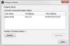 To see the list of connected hotspot
clients in Firebox System Manager:  

•Select the Authentication
List tab. 
•Click Hotspot
Clients.


