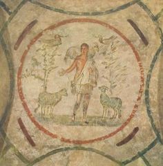 48. Good Shepherd Fresco, Catacomb of Priscilla - Rome, Italy /  Late Antique Europe - c. 200–400 C.E.


 


Content


-young shepherd christ surrounded by three goats


-birds . . .quails, doves


 


Style 


-ground minera...
