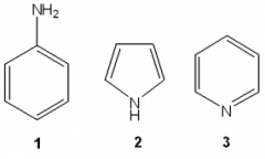 What is the correct assignment of the names of the following aromatic compounds?
a. 1 = anisole; 2 = furan; 3 = pyrimidine
b. 1 = aniline; 2 = pyrrole; 3 = pyridine
c. 1 = anisole; 2 = pyridine; 3 = pyrrole
d. 1 = aniline; 2 = imidazole; 3 = pyridine