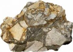 -Detrital
-fragments larger than 2mm
-Angular rock or mineral fragments embedded in a matrix of finer material
-color variable, various shades of grays, greens, reds, or browns