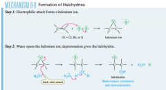 regiochem: ***remember to attack the more substituted carbon
stereochem: Markonikov (trans) 
pdts: trans X / OH 
what it does: A halohydrin is an alcohol with a halogen on the adjacent carbon atom. In the presence of water, halogens add to alken...