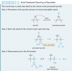 

regiochem: Nuc: H2O, attacks the more substituted C 
stereochem: Markovnikov, anti-add (trans)
pdts: two OH added to the broken double bond
what it does:  Opens the double bond and one OH to each side, trans! 