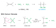regiochem: Nuc: H2O, attacks the more substituted C 
stereochem: syn addtn (cis) 
pdts: two OH added to the broken double bond on cys orienation
what it does:  Opens the double bond and one OH to each side but cis! 