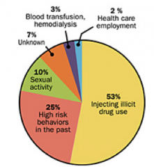 Hvilket Hepatittvirus viser denne grafen fordeling mellom smittemåter til?
