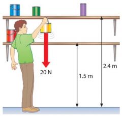 Calculatethe extra potential energy the paint tin in the Figure would gain if it was moved from the lower shelf to the higher one. 


Calculate the kinetic energy of a 5000 kg bus moving at 20 m/s.