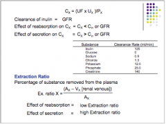Percentage of substance removed from the plasma.

Ex ratio X = (Ax-Vx)/Ax
Effect of reabsorption = low extraction ratio
Effect of secretion = high extraction ratio